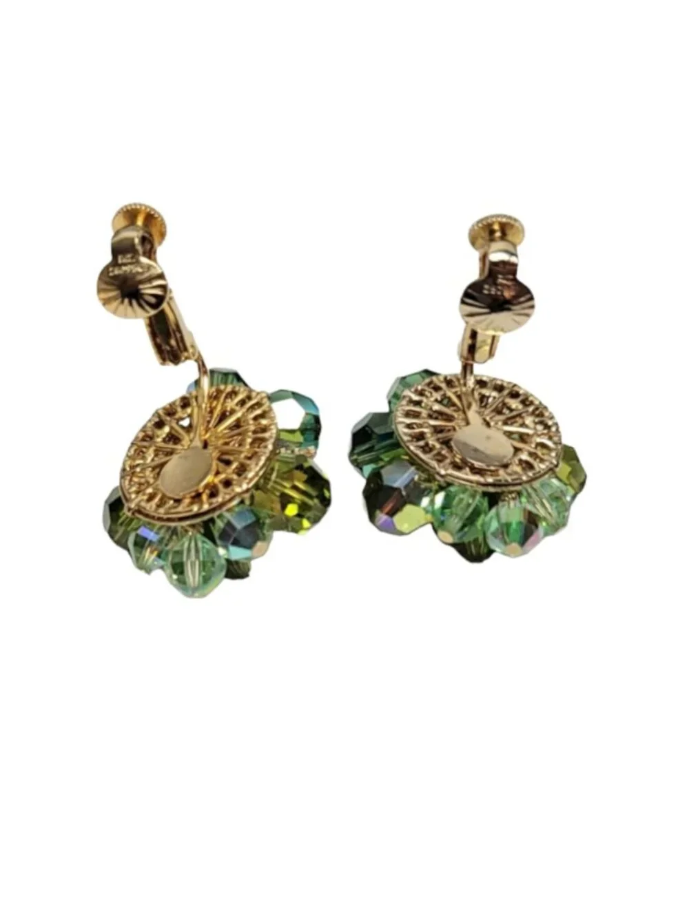 Vendome Gold Tone Green Beaded Faceted Glass Clip On Earrings, Signed